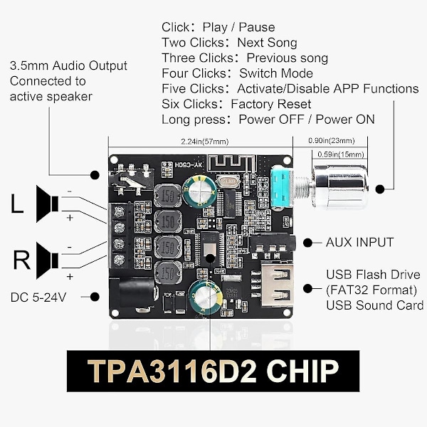 DAJUNGUO C50HS Bluetooth Forstærkerkort 50W+50W TPA3116D2 HiFi Chip 12-24V Digital Audio Effektforstærker Modul