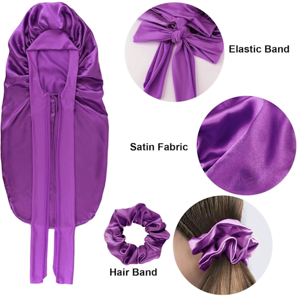 Lång Sömnmössa i Satin för Kvinnor - Silkesnattmössa med Resår för Lockigt Hår 1 Pc Sleep Cap: Purple