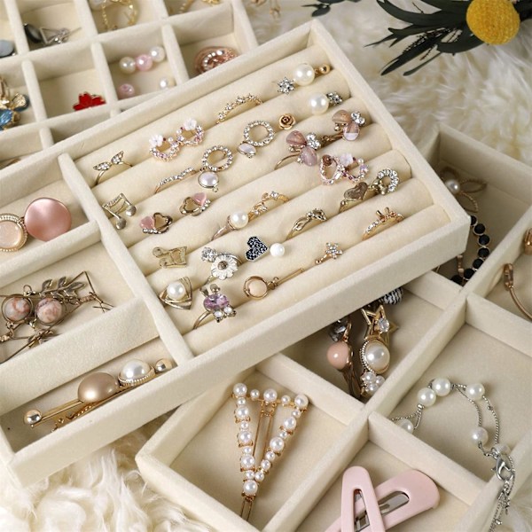 Set med 4 Smyckesbrickor, Smyckesförvaringslåda Organizer Displayhållare för Örhängen, Halsband, Armband Beige