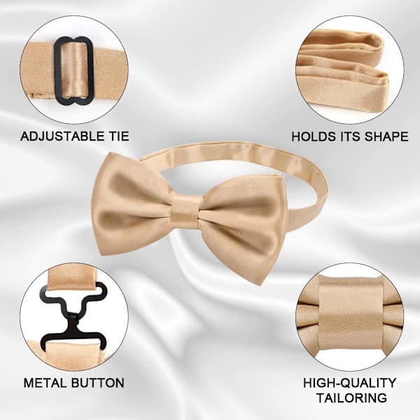 Fluga för män, Klassisk enfärgad fluga för män, Satin Smokingfluga, Justerbar formell fluga för fest, bröllop 3pc-Champagne