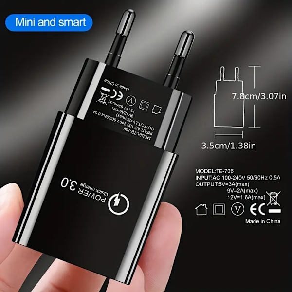 18W QC3.0 Snabbladdare USB EU Väggladdare Mobiltelefonladdare För Xiaomi POCO X3 NFC M3 10T Lite 10 9 Redmi 9 Note 9 8 Pro Typ C Laddare [DB] black