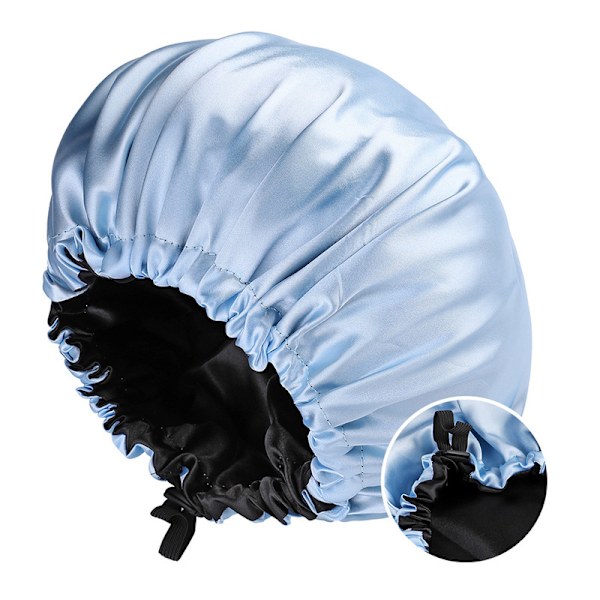 Dame Dobbelt Lag Satin Nattue Hætte Skønhed og Frisør Justerbar Knapper Hætte Lyseblå+Sort Light Blue+Black Adjustable