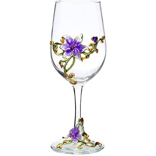 Handmålat emaljblommor Blyfritt Vinglas, 320ml/10.8OZ Rött/Vitt Kristall Vinglas (Lila Bägare Lilja) Purple Cup Lily