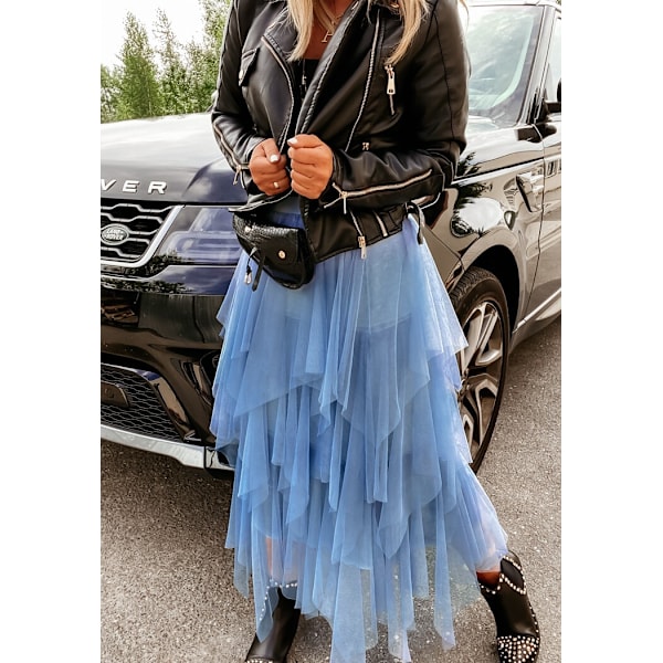 Tyllskjørt for kvinner med elastisk midje og mesh, langt skjørt blue