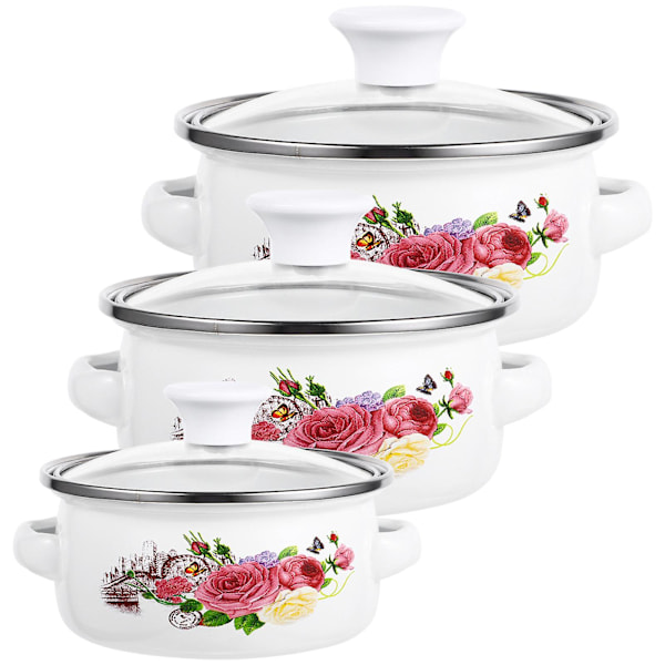 3-pack emaljerade kastruller, stapelbara soppgrytor, emaljerade kastruller, restaurangkvalitet, platt botten, gryta