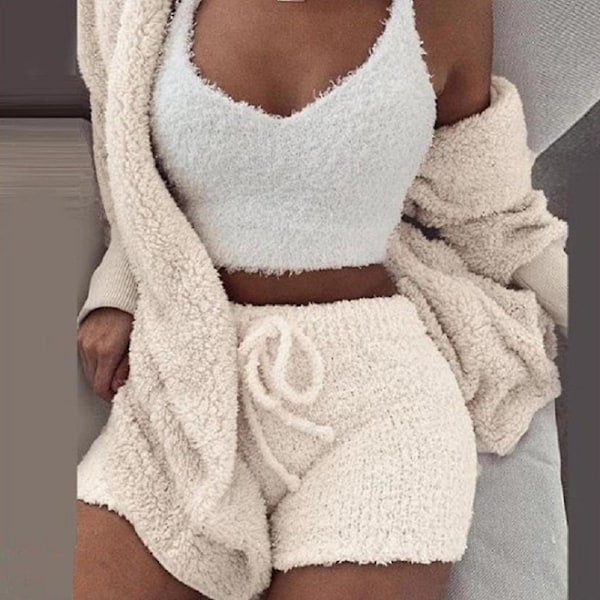 Dame 3-delt fleece fluffy jakke + shorts + kort vest sett beige beige XL