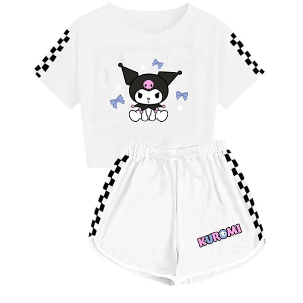 Barne jenter tegneserie Kuromi trykk kortermet T-skjorte + shorts pyjamas sett pyjamas hvitt White 130cm