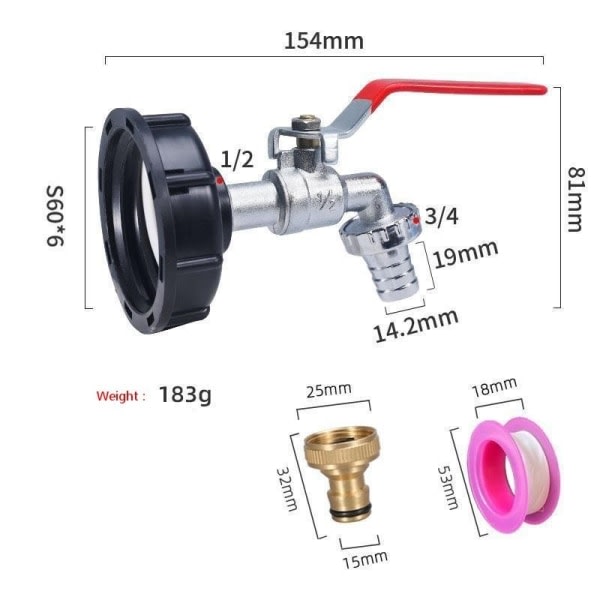 IBC-säiliösovitin IBC-kytkentä IBC-liitäntä IBC-säiliösovitin - 1/2 inch alloy faucet brass ni