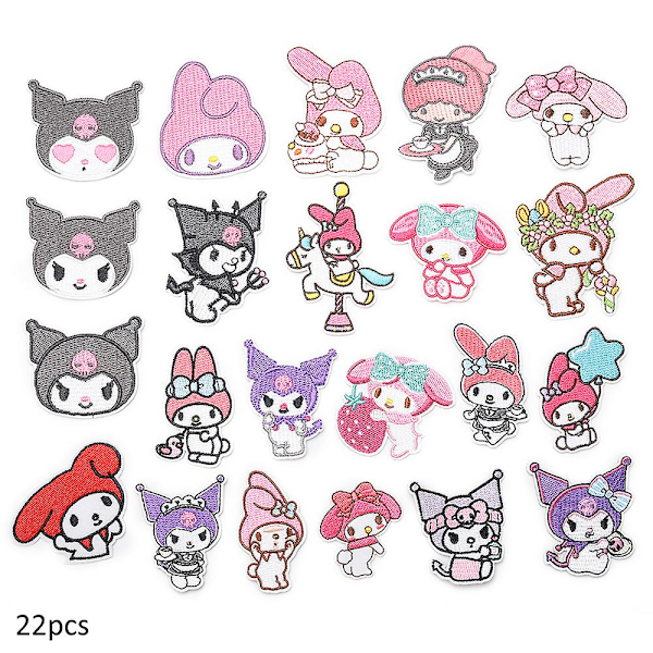 22 st My Melody Kuromi påsybara/strykbara märken, tecknad gör-det-själv broderad applikationspatch för jackor, jeans, byxor, kläder