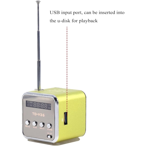 Mini Radio, Digitalradio, TD V26, Liten Bärbar Radio Nätström och Batteri Mini Högtalare Musikspelare Bärbar FM-Radio PC Mode Stöd TF C Green