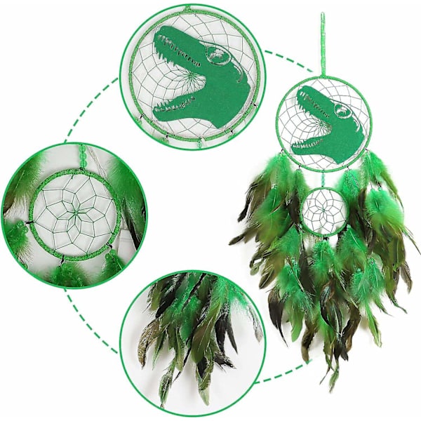 Dinosaur Dream Catcher til drenge og piger, Dream Catcher lys vægdekoration fjer vægophæng Dino Dream Catcher Børnegave-Perfet grøn Green With light