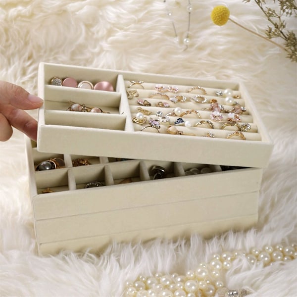 Sæt med 4 smykkeopbevaringsbakker, smykkeopbevaringsboks displayholder til øreringe, halskæder, armbånd beige