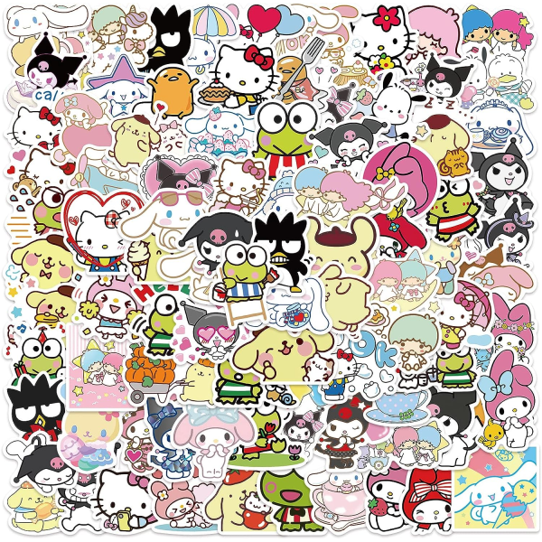 100 søte klistremerker Hello Kittty Stickers Mymelody&Kuromi Stickers Cinnamoroll Pompompurin Keroppi