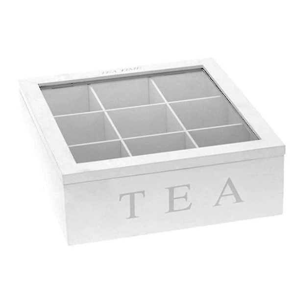 Tebox i trä, tebox i vitt, tebox med 9 fack, stor tebox, vit (skinn)