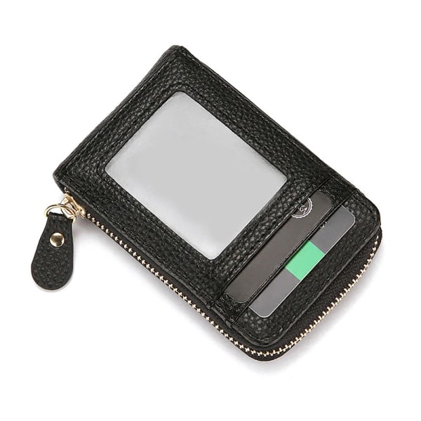 IC RFID PU Läder Korthållare Plånbok med Myntficka Dragkedja för M Svart