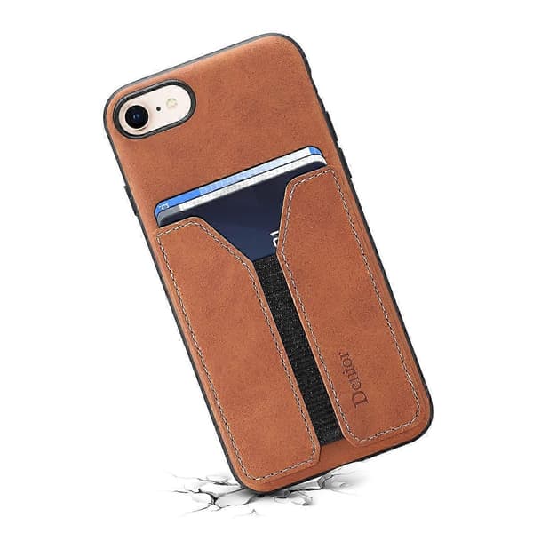 Denior for iPhone 16e deksel elastisk kortholder PU-skinn TPU PC telefondeksel - Blå Brown