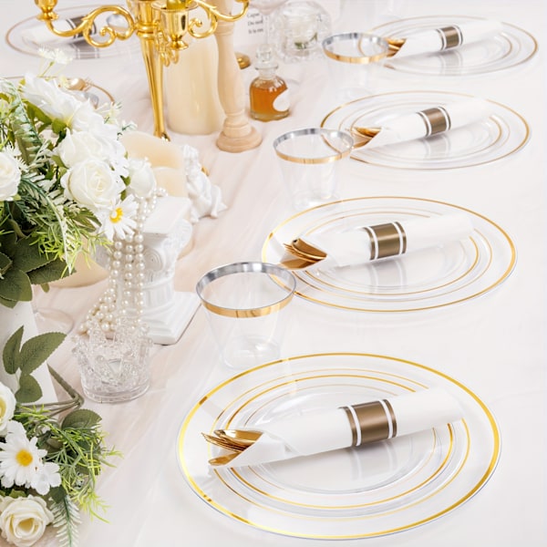 7-delars set (70 delar) transparenta guldplasttallrikar - Guldplastbestickset (YJD) Clear And Golden