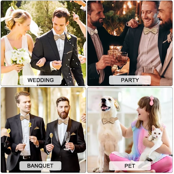 Sløyfe for menn, Klassisk ensfarget sløyfe for menn, Satin Tux sløyfe, Justerbar formell sløyfe for fest, bryllup 3pc-Champagne