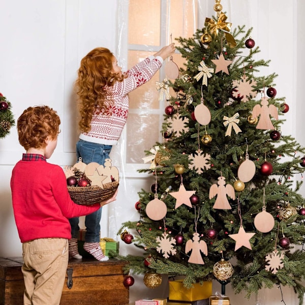 80 st träjulgransprydnader, lykta snöflinga ängel stjärnformade träplattor prydnader, nyår julgran DIY hänge dekoration