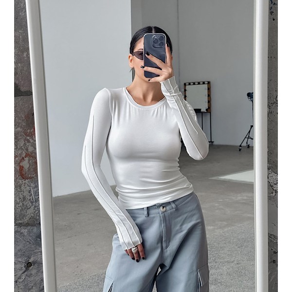 Pitkähihainen paita naisille, tiukka pyöreä pääntie, pitkähihainen crop top Y2K slim fit -toppi, valkoinen vit M