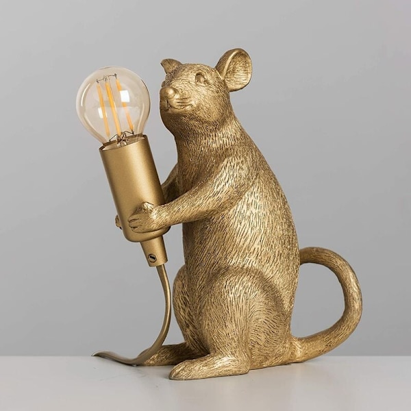 Bordslampa med Metallisk Guld Råtta Design - Unik Djur Mus Lampa för Vardagsrum, Sovrum