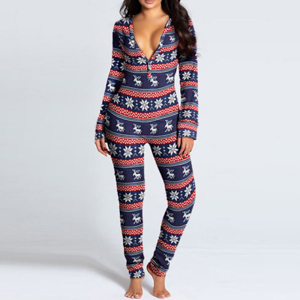 Dam Pyjamas Jumpsuit med Jultryck, En-Delad, Långärmad, Röd Red M