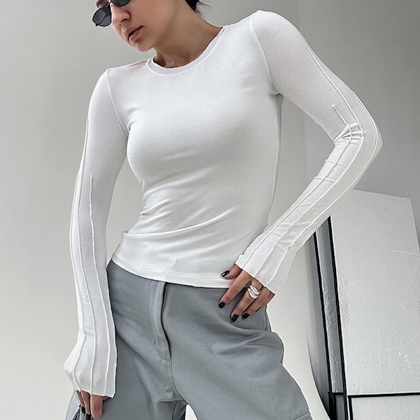 Långärmad tröja dam tight rund hals långärmad crop top Y2K slim fit toppar vit vit M