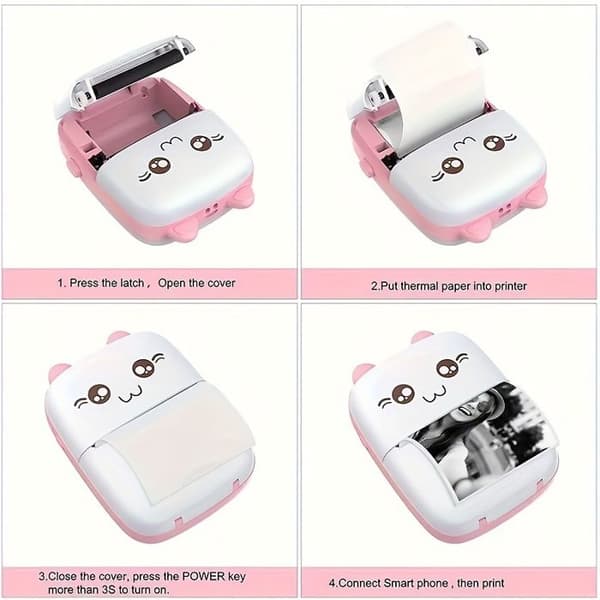 Mini bærbar Bluetooth termisk skriver, 5 ruller selvklebende papir, kompatibel med Android/iOS, rosa