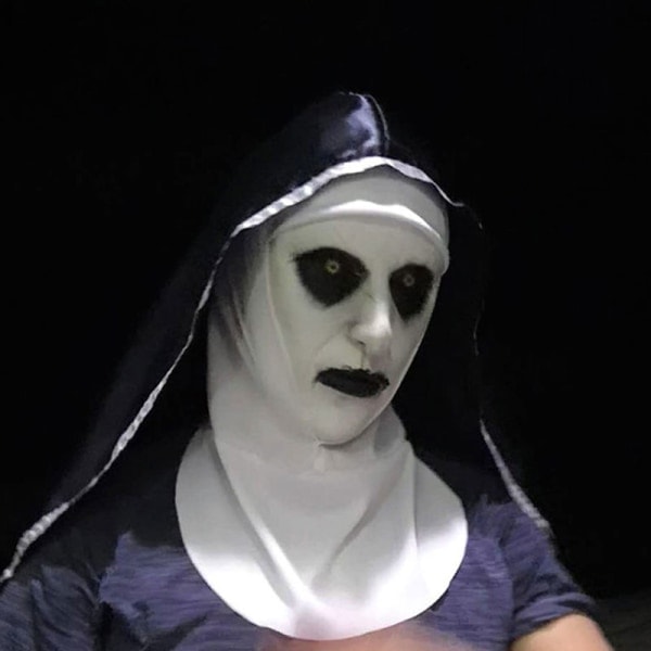 Skummel Nonne Latexmaske med Hodeplagg Valak Cosplay til Halloween Hvit én størrelse