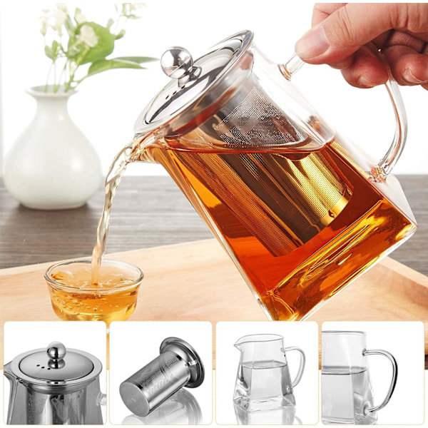 500ML Borosilikatglas Tekande, Løse Teblade Tekander med Si, Firkantet Tekande med Filter, Komfur- og Mikrobølgeovnssikker Tekande til 2 Firkantet Form Square Shape 500ML