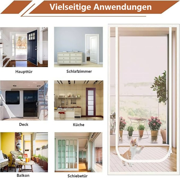 Katteavvisende dørgardin med glidelås, slitesterk netting, hvit hvit white 100x210cm