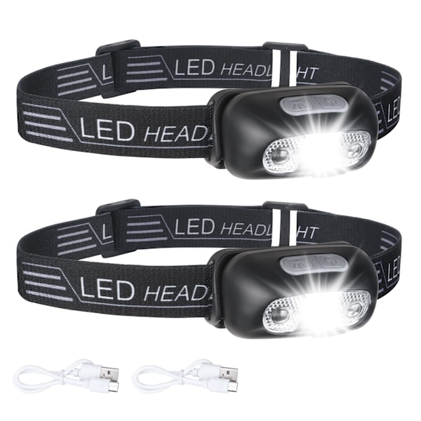 2-pak USB-opladelige pandelamper, IPX6 vandtæt, ultralette super lyse 160 lumen LED-pandelamper med bevægelsessensor og rødt lys