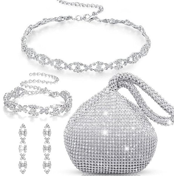 4 stk. Rhinestone Halskæde Choker Armbånd Øreringe Clutch Smykkesæt Kvinder Krystal Trekant Glitrende Rhinestone Taske til Bryllupsfest
