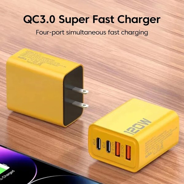Total 120W Hurtigoplader Type C Quick Charge 3.0 USB-opladeradapter til iPhone Samsung Xiaomi PD USB-oplader Hurtigopladningsstik EU Yellow