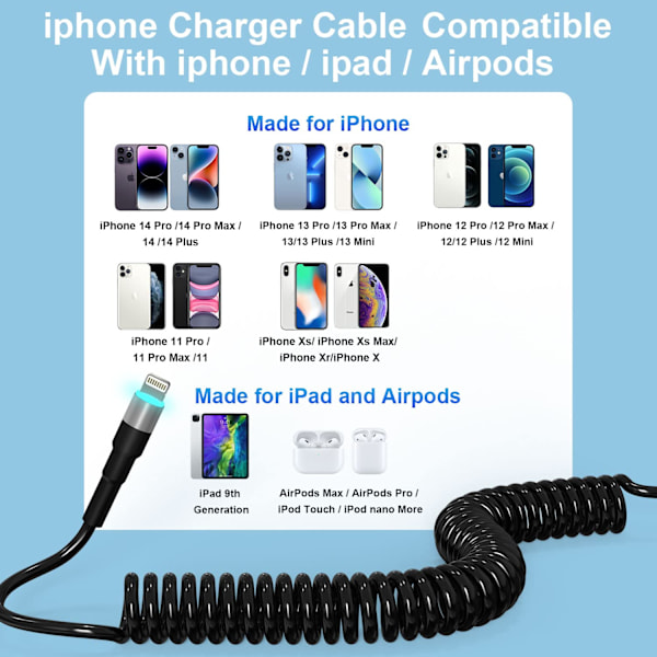 Spiral iPhone opladerkabel 2-pak, Apple CarPlay & MFi-certificeret