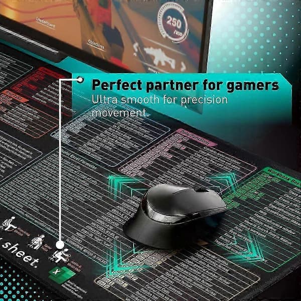 Excel Hurtigtaster Musematte, Utvidet Stor XL Jukselapp Gaming Musematte med Excel Hurtigtaster