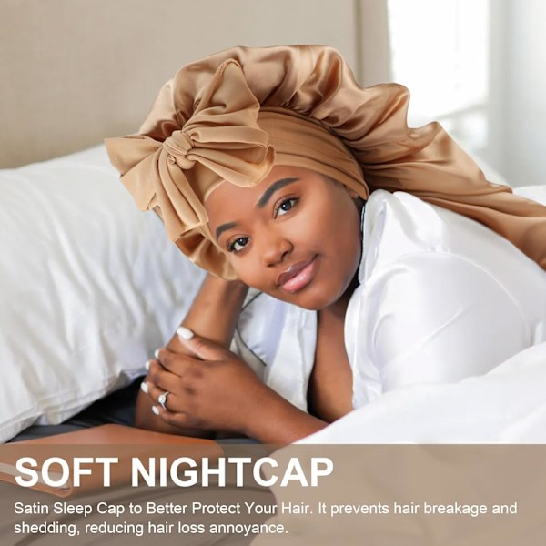 Lång Sömnmössa i Satin för Kvinnor - Flätad Nattmössa i Siden med Resår för Lockigt Hår 1 Pc Sleep Cap: Gold