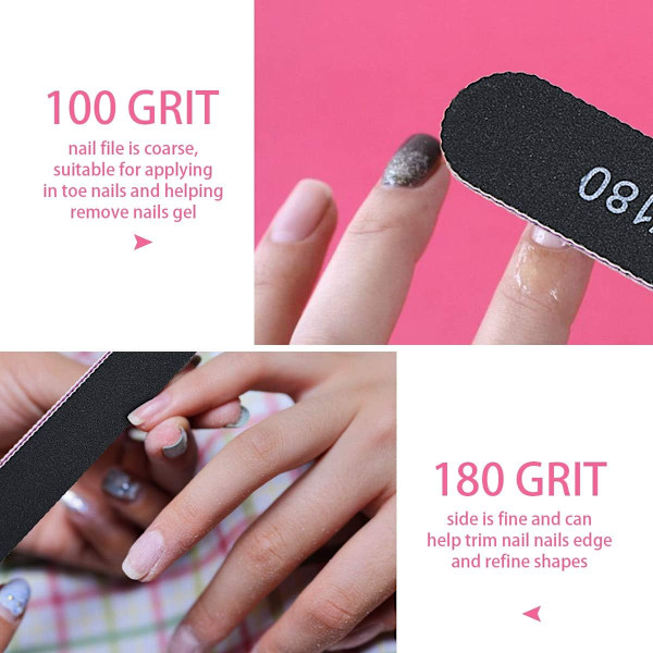 Nagelfilar, 16 st Professionell Nagelfilsset, 100/180 Grit Dubbelsidig Smärgelduk Manikyrverktyg för Naturliga och Akrylnaglar (Svart) Black