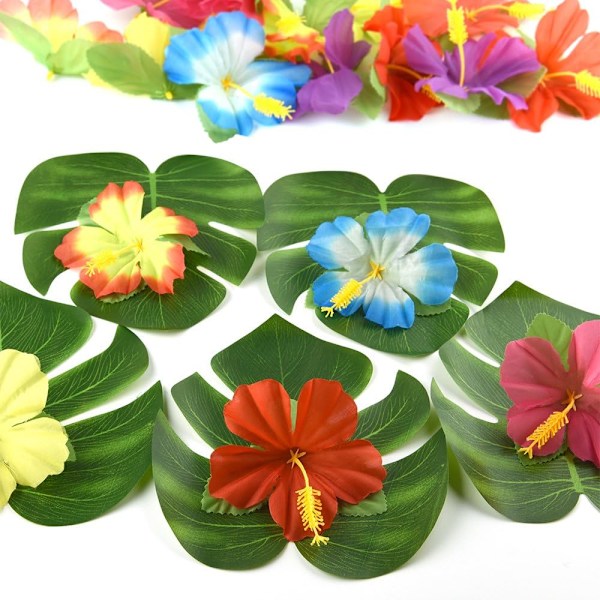 60 stk tropiske festdekorasjoner 8\" tropiske palmeblader og hibiskusblomster simuleringsblader for hawaiisk luau-fest