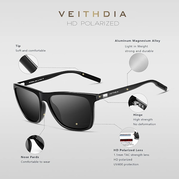 VEITHDIA Merkkiset Aurinkolasit Unisex Retro Alumiini+TR90 Aurinkolasit Polarisoitu Linssi Vintage Silmälasit Miehille/Naisille 6108 fotokromaattinen harmaa photochromic gray Paper box and cloth
