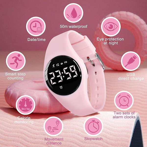 Barnklocka, digital klocka för pojkar och flickor, sportklocka med fitness tracker, väckarklocka, stoppur, ingen app och vattentät, klocka för barn i åldrarna 5-12 08-Pink