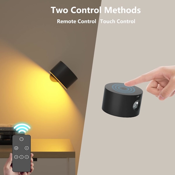 Batteridriven vägglampa, 360° justerbar belysning inomhus vägglampa, 3 färglägen, 3 ljusstyrkenivåer touch- Black Remote Control