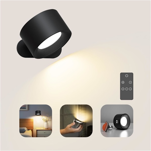 Batteridriven vägglampa, 360° justerbar belysning inomhus vägglampa, 3 färglägen, 3 ljusstyrkenivåer touch- Black Remote Control