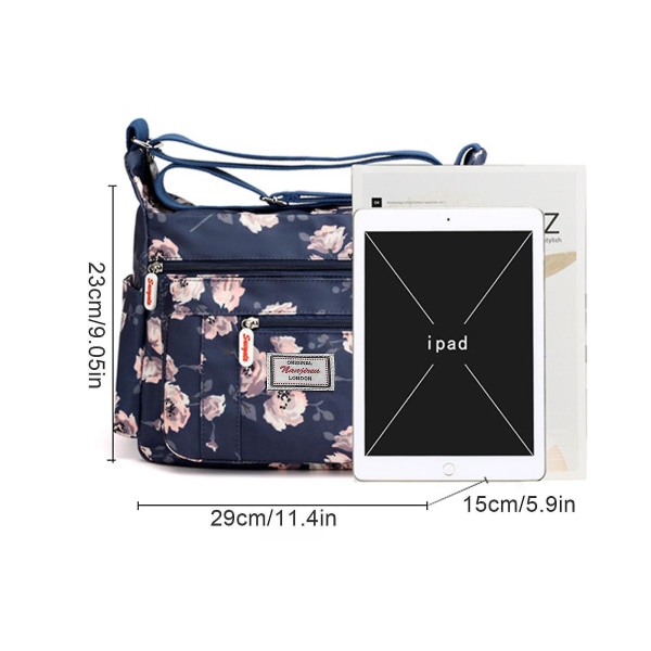 Axelväska med blommönster för kvinnor Casual Crossbody-väska med flera fickor Högkvalitativt slitstarkt tyg Light blue