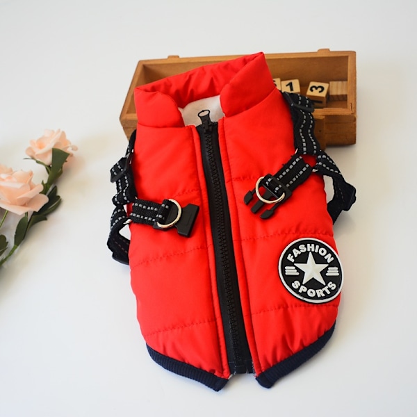 Varm Vandtæt Jakke med Sele til Hund Vinter Behagelig Bomulds Tøj Polstret Vest til Små og Mellemstore Hunde Rød Rød Red 2XL