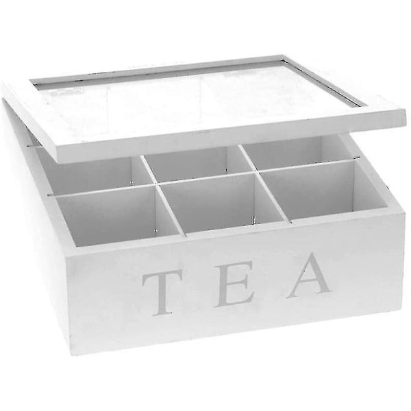 Tebox i trä, tebox i vitt, tebox med 9 fack, stor tebox, vit (skinn)