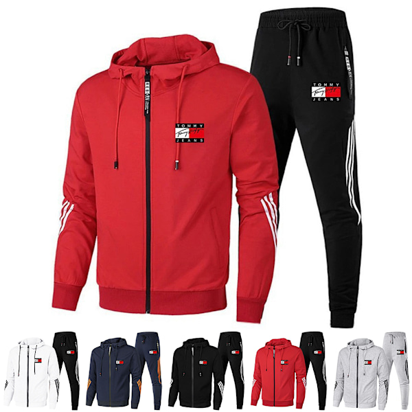 Mænds TomyJeans Full Zip Varmt Hoodie Top & Sweatpants Jakkesæt Tracksuit Sæt Rød Red XL