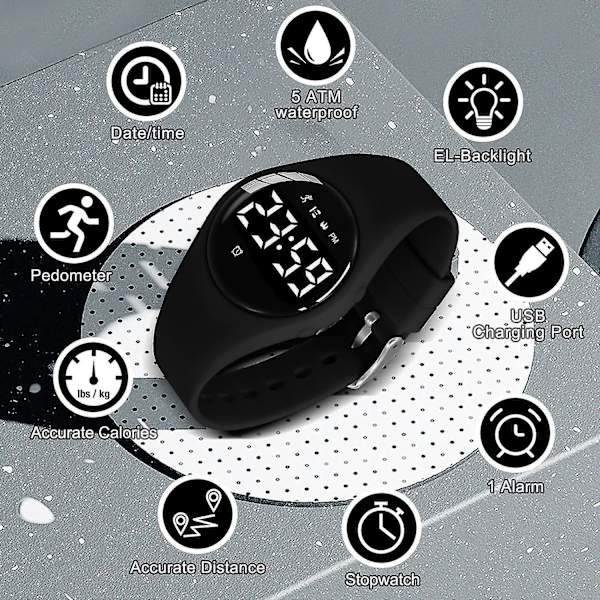Børneure, digitalt ur til drenge og piger, sportsur med fitness tracker, vækkeur, stopur, ingen app og vandtæt, ur til børn i alderen 5-12 06-Black