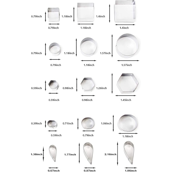 30 Små Polymerleire-, Smørdeig-, Pai- og Fruktkuttere - Stjerne, Blomst, Sekskant, Hjerte, Kvadrat, Trekant, Oval, Metallkutter