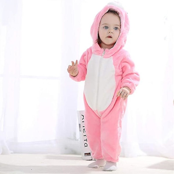 Bran Unisex Baby Romper Söta Varma Stitch Djur Långärmad Dragkedja Tjock Fleece Höst Vinter Barnkläder[HK] rosa pink 80cm